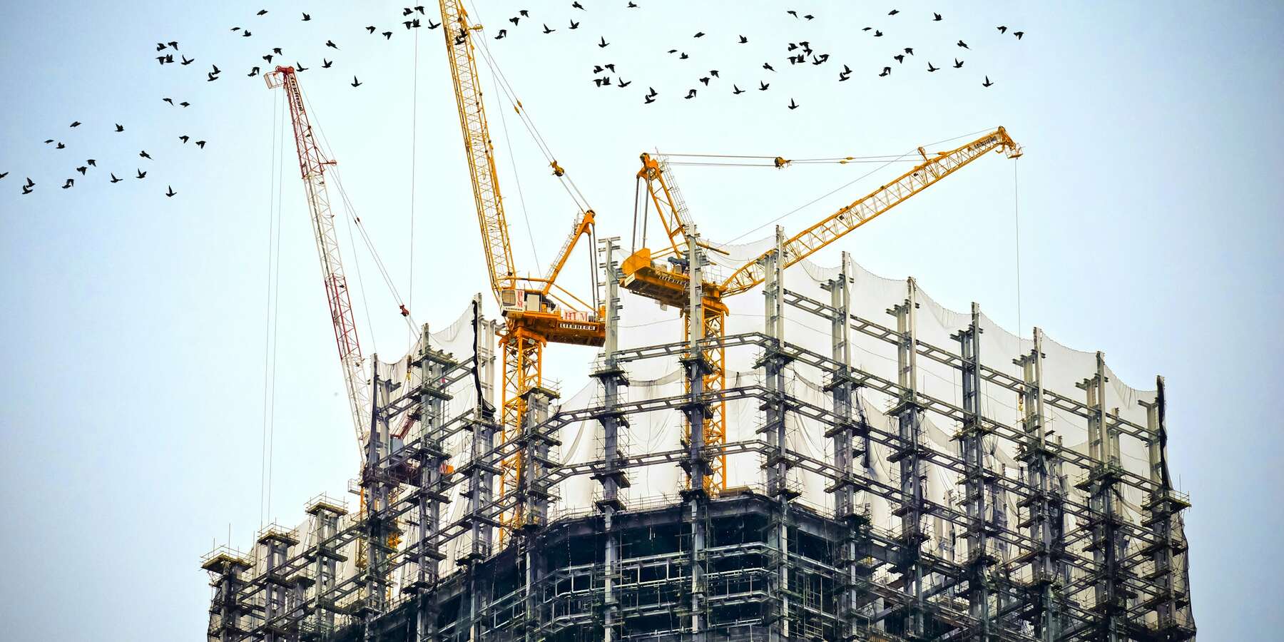 Żurawie budowlane nad budową pod światło